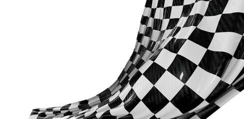 Black and white checkered racing flag waving in the air on a white backdrop, symbolizing speed and...