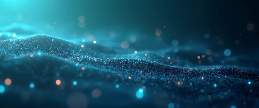 Gentle waves of glowing particles undulate gracefully as the camera slowly pans, creating a mesmerizing, cinematic ambient scene perfect for modern technology and digital innovation themes.