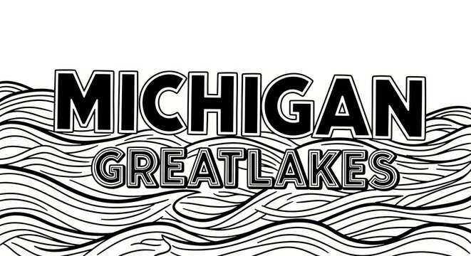 1950s Great Lakes poster, sturdy industrial lettering &ldquo;MICHIGAN&rdquo;, bold ink blocks, secondary word &ldquo;GREATLAKES&rdquo;, wave-line background
