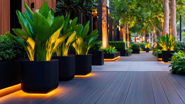 Modern Architectural Shou Sugi Ban Decking Featuring Warm Linear LED Lighting Ambiance