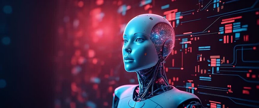 Futuristic robot gazes contemplatively, head turning slowly, as digital data streams pulse around it; camera gently pans in a cinematic, high-tech environment.