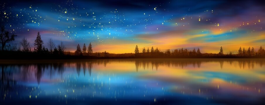 A beautiful lake with a sky full of stars. space background concept.