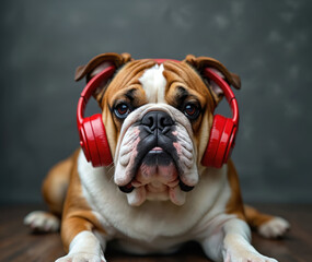 Fototapeta premium English bulldog with red headphones rests on floor. Cute dog listens to music via headset. Animal enjoys audio entertainment, has fun with song.