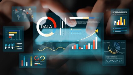 Fototapeta premium Modern Data Analysis Interface with Graphs and Charts, Hands Interacting with Digital Touchscreen on Background of Global Data Visualization Gluon.