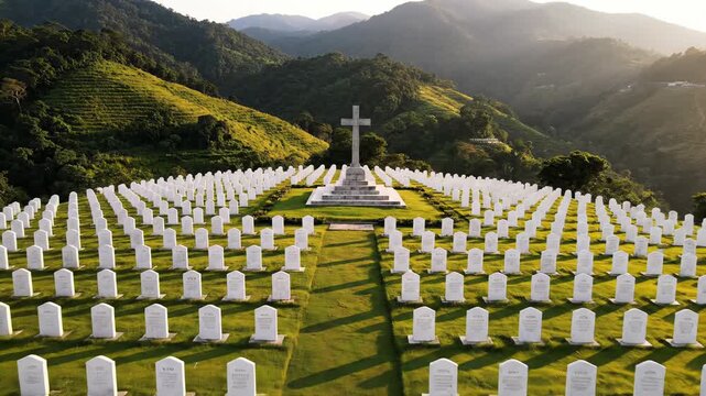 Hillside Cemetery With Rows Of White Headstones And A Central Cross At Sunset