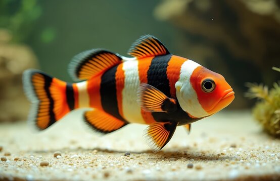 Orange, white and black striped fish swims in sandy aquarium bottom. Aquatic vertebrate has bright colors, orange head and fins. Underwater view of tropical fish.