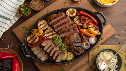 Slices of grilled meat and fresh vegetables on cast iron skillet, traditional parrillada