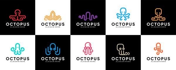 A collection of octopus tentacle logos with abstract line art style, colorful, underwater, vector graphic design. © dhulpikir