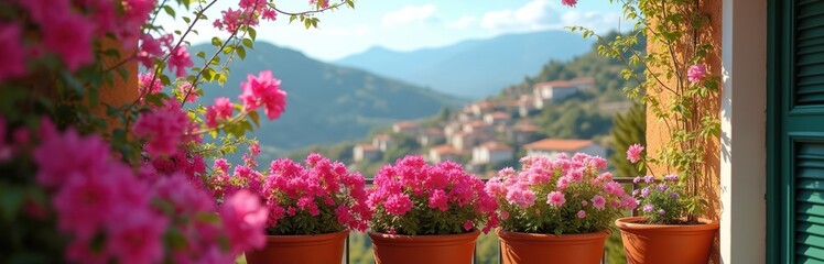 Fototapeta premium Pink bougainvillea flowers bloom in pots on a balcony overlooking a village. Rich plants create vibrant home decor. Green shutters add contrast.