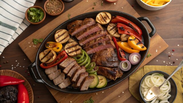 Slices of grilled meat and fresh vegetables on cast iron skillet, traditional parrillada