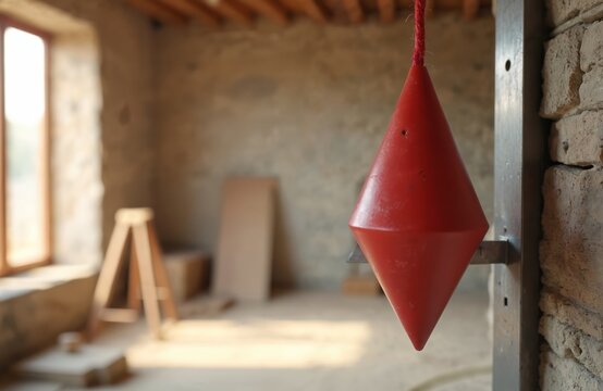 Red plumb bob tool hangs on string. Used for checking vertical lines in construction and building. Tools for masons and builders measure gravity.