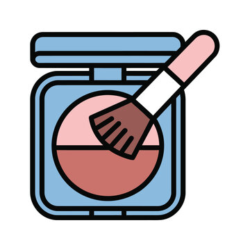 A flat design illustration of a light blue compact makeup case with pink blush and a brush resting on top, depicting cosmetics.