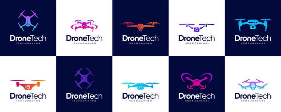 collection of drone logos, aviation symbols, remote controls, smart technology, vector graphic design.