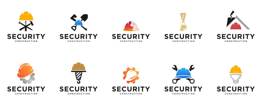 collection of safety logos with helmet shapes, construction, mechanical engineering, graphic design templates.