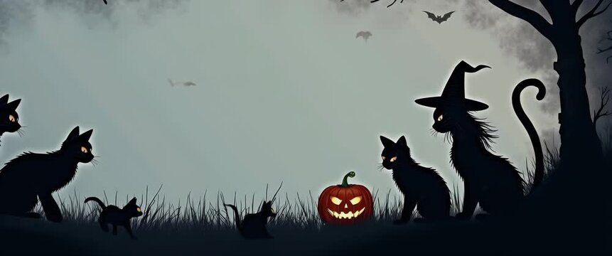 Silhouetted black cats with glowing eyes sit quietly as bats flutter across an orange sunset sky; trees sway gently while the camera pans slowly, creating a cinematic Halloween scene.