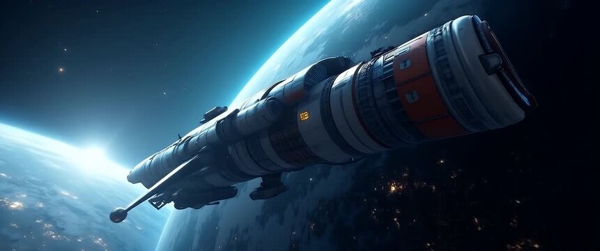 Futuristic spacecraft gliding through space with Earth in the background, as the camera slowly pans, capturing the vastness of the cosmos in a cinematic, sci-fi adventure scene.