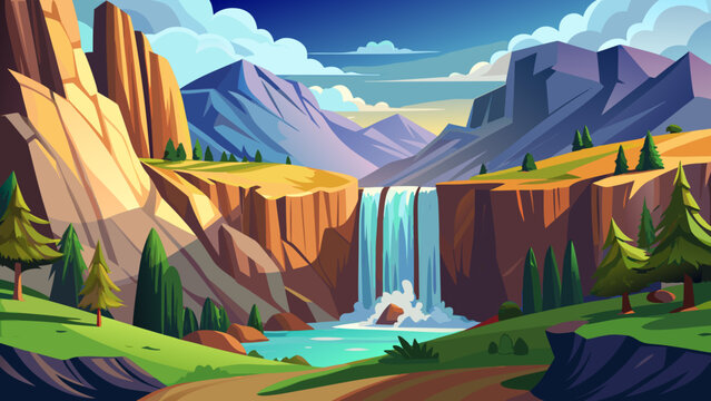 Minimal cartoon vector of a powerful tall waterfall flowing from large cliff into wide natural valley clean flat landscape style