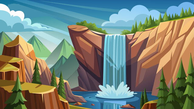 Cartoon vector illustration of a thin waterfall dropping from high rocky mountain cliff in calm minimal flat environment