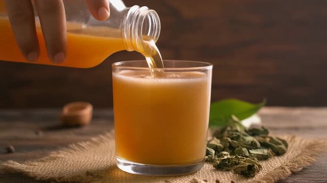 Jamu herbal drink slow pour from glass bottle, natural warm lighting, 4K