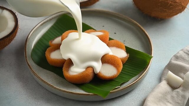 Es cendol with coconut milk drizzle, slow motion top-down, bright natural light, 4K