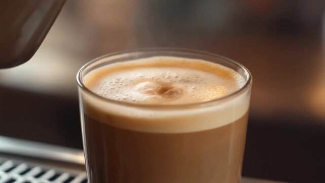 Teh tarik slow pour into glass, frothy top forming, macro detail, 4K