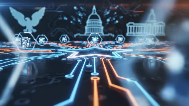 a digital circuit board with glowing blue and orange lines. Hexagonal shapes display symbols, including an eagle and a building, reflecting technological themes.
