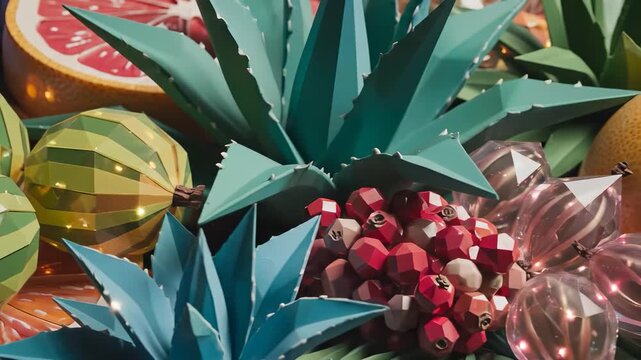 a collection of geometric fruit and plants. The vibrant fruit and plants are arranged with a focus on color and shape.