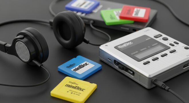 Retro MiniDisc Player and Headphones with Colorful Discs: Embracing Nostalgic Audio Technology and Vintage Lifestyle.