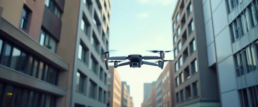 Urban drone glides smoothly between modern buildings, camera gently tracking its flight against a cinematic cityscape, capturing dynamic aerial perspectives and innovative technology in motion.