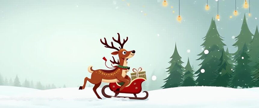 Festive reindeer prances through snowy forest as sleigh glides, camera smoothly pans with twinkling lights in background; cinematic, enchanting holiday scene with ample copy space.