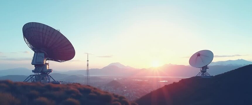 Two satellite dishes gently rotate on a scenic hilltop at sunset, while the camera slowly pans to reveal a sprawling cityscape, capturing a cinematic blend of technology and nature.