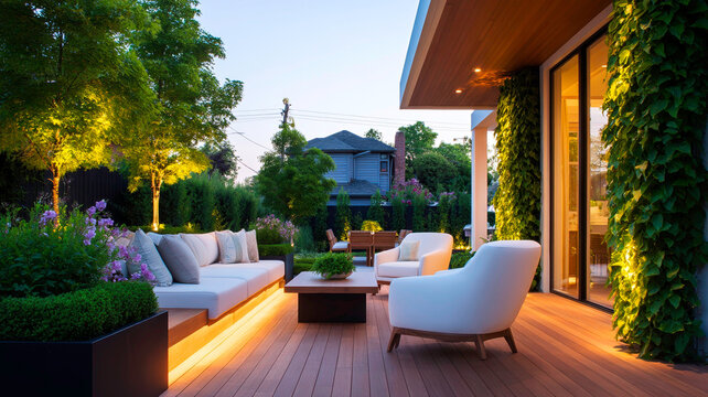 Modern Residential Composite Deck Featuring Integrated Lighting and Vertical Living Wall