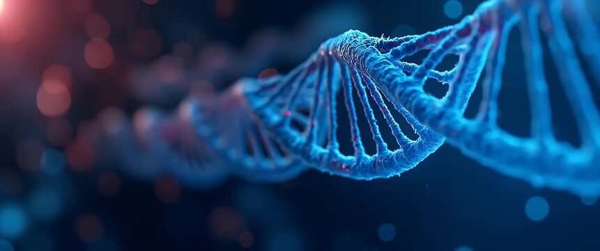 A dynamic, cinematic close-up of a glowing DNA strand gently twisting as the camera steadily tracks alongside, with soft ambient lights flickering in the background, creating a mesmerizing science-foc
