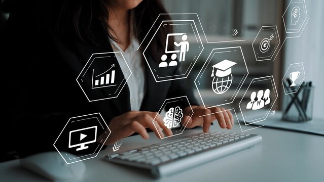 Business professional interacting with digital icons representing online education, teamwork, and technology against a modern office backdrop Gluon.