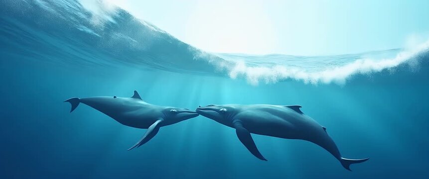 Graceful whales glide through serene ocean depths, captured in a slow cinematic pan, as gentle waves ripple above, highlighting marine life beauty and underwater tranquility.