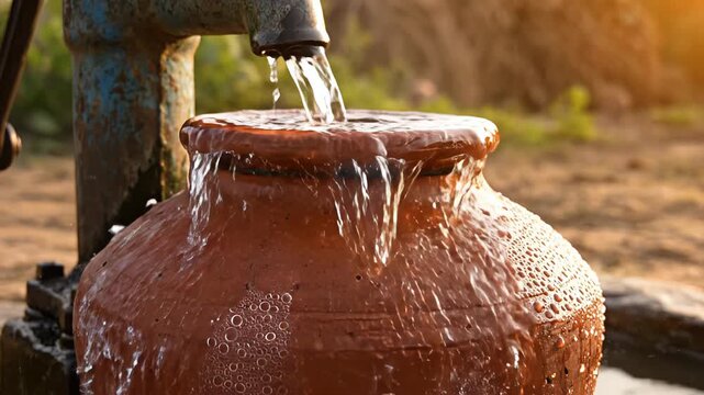 Rural Water Collection Natural Clay Pot Filled From Old Hand Pump During Golden Hour Sunlight