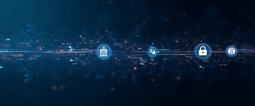 Futuristic digital interface with icons in motion, as the camera slowly pans across a glowing network, creating a cinematic, tech-inspired ambiance perfect for innovation and cybersecurity themes.