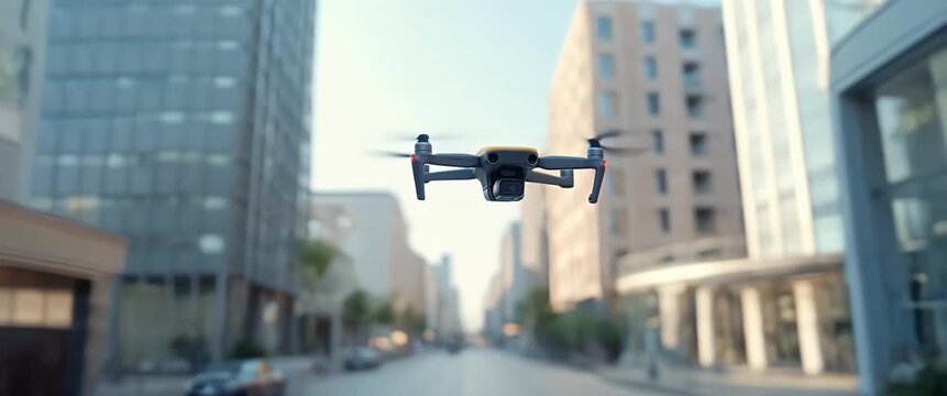 A drone glides smoothly through a modern city street, steady camera tracking reveals sleek architecture, capturing an urban exploration in a cinematic, minimalist style.