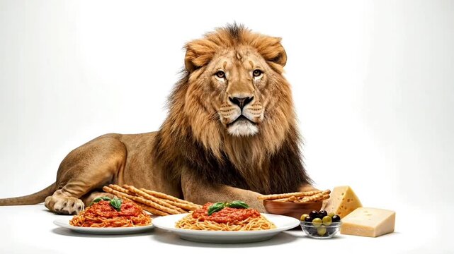 Majestic Lion Enjoying Italian Pasta and Delicacies Feast