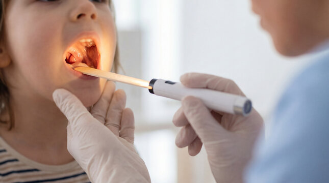 Otolaryngologist performing diagnostic inspection of pediatric oral cavity and tonsils looking for strep infection or angina symptoms with illuminated medical device