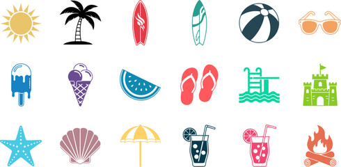 Summer Fun Icons: Sun, Beach, and Recreation Symbols for Vacation and Holiday Designs.