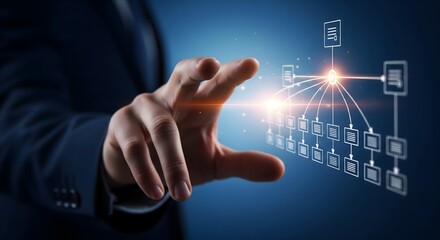 Obraz premium Businessman interacts with a futuristic digital interface showing a hierarchical data network or organizational structure on a blue background.