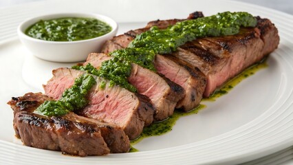 Sliced grilled beef steak with chimichurri sauce on white plate, food photography