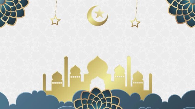 Golden Mosque Silhouette Islamic Background with Moon and Stars