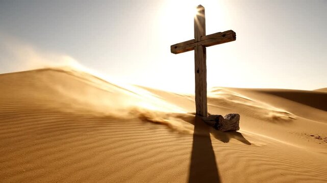 A wooden cross stands tall in the desert sand as the sun shines brightly overhead casting a long shadow