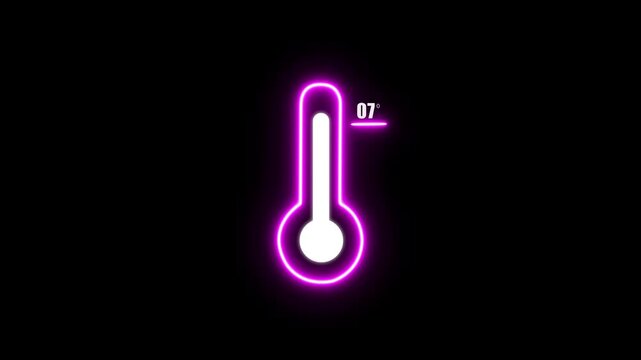 A vibrant neon pink thermometer with a white bulb glows brightly against a deep black background, displaying a temperature reading of 07 degrees