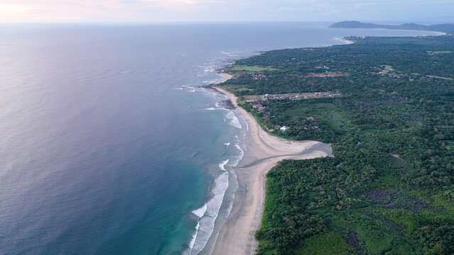 Avellanas Beach coastline merging with lush tropical forest and ocean waves breaking onto the sandy shore from an aerial perspective