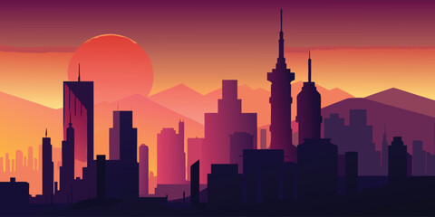 A futuristic city skyline at sunset with a large moon rising in the background.