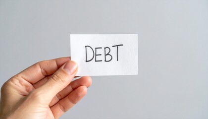 Hand Holding 'DEBT' Card: Financial Burden, Economic Crisis, and Personal Responsibility Concept