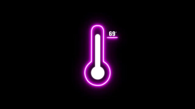 Glowing purple neon thermometer displaying 69 degrees Fahrenheit or Celsius on a black background with a white bulb and luminous effect Keywords